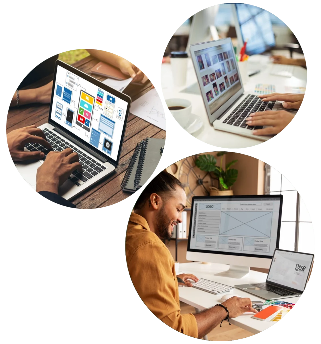 Circular collage showing three people working on laptops with UI mockups and design layouts, symbolizing teamwork and digital design workflows.