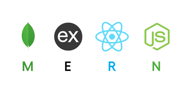 MERN stack logos from left to right: MongoDB leaf, Express, React, and Node.js with letters M, E, R, N beneath.